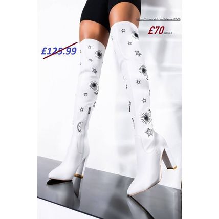 Moon Star Sun White Boots Black Embroidery Heel UK 6