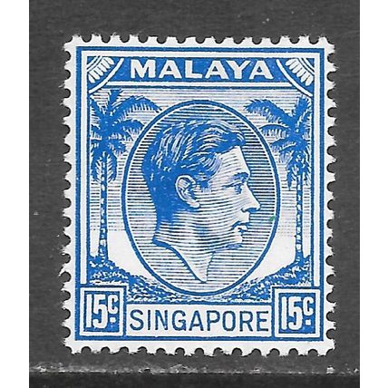 SINGAPORE MALAYA 1949 KG6 P14 15c SG8 8 SG ULTRAMARINE MINT HINGED