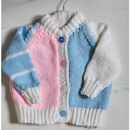 Hand Knitted Pink, Blue & White Chunky Wool Cardigan to fit 18-24 months