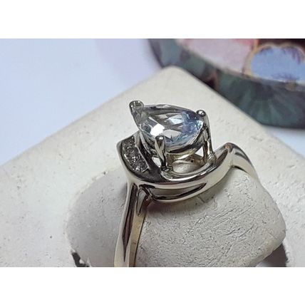 Estate 1.16ctw Natural Pear cut Aquamarine & Diamond Swirl 10Kt Y/Gold Ring20458