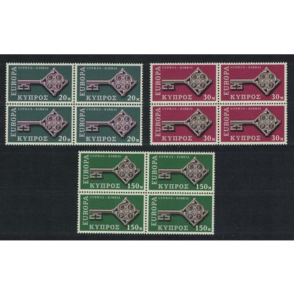 Cyprus Key with CEPT in handle Europa 3v Blocks of 4 1968 MNH SG#319-321