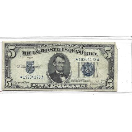 1934-D US $5.00 Silver Certificate VF STAR NOTE! RARE!