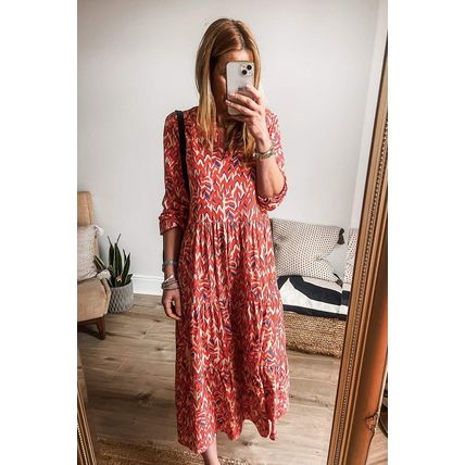 Orange Abstract Print V Neck Pleated High Waist Midi Dress