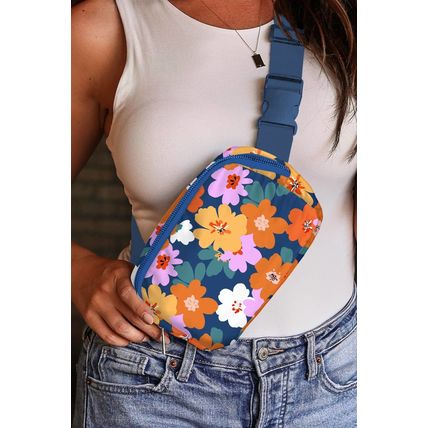 Sail Blue Flower Print Zipper Buckle Wide Strap Sling Bag