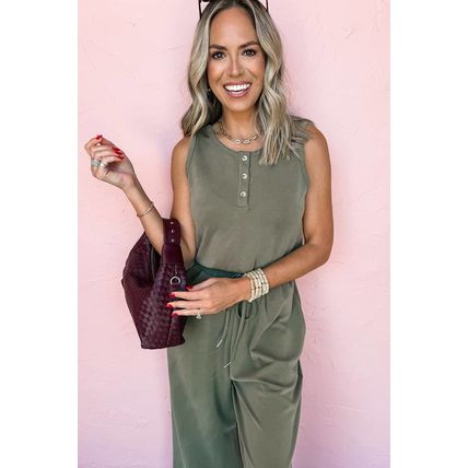 Vineyard Green Buttoned Drawstring Waist Sleeveless Wide Leg Jumpsuit