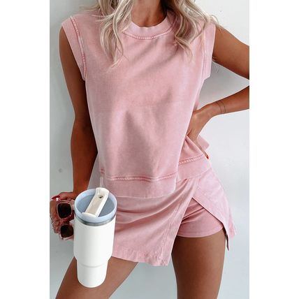 Light Pink 2 Pieces Mineral Wash Cotton Tank Top Lined Split Skirt Set