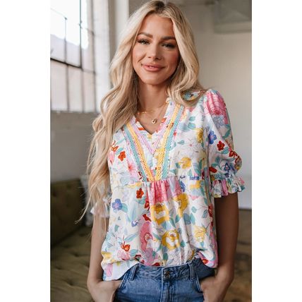 Pink Boho Flower Print Half Puff Sleeve Blouse