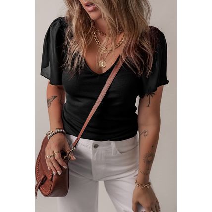 Black Mesh Ruffled Sleeve Slim Fit V Neck Top