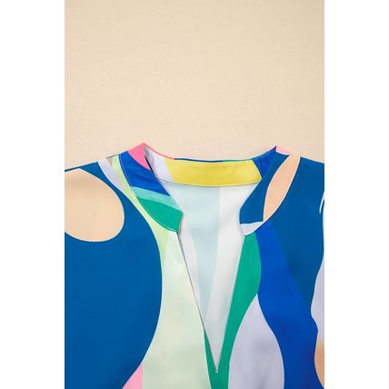 Blue Abstract Print V Neck Cap Sleeve Pocketed Mini Dress