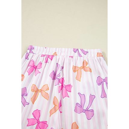 Pink Striped Bow Print Contrast Piping Trim Shirt and Pants 2pcs Pajama Set