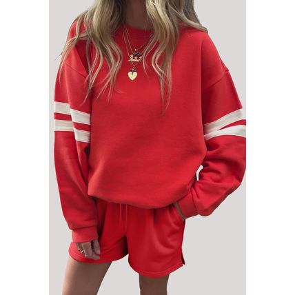 Fiery Red Varsity Striped Sleeve Drop Shoulder Sweatshirt and Short Set