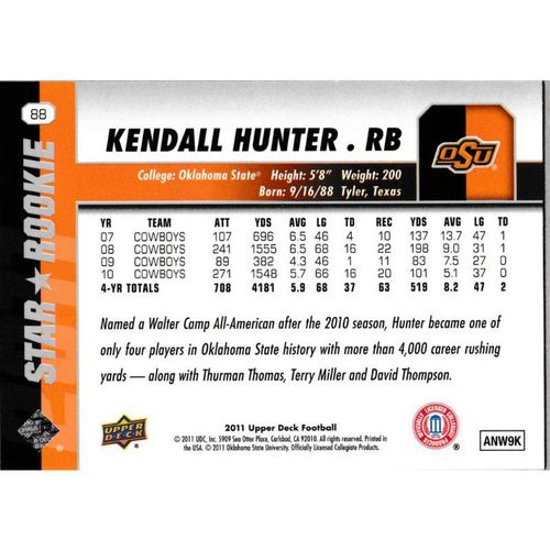 2011 Upper Deck - #88 - Kendall Hunter Star Rookie SP RC