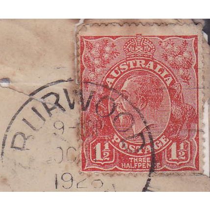 AUSTRALIA 1½d Red KGV HEAD postal history BURWOOD to DARLINGTON -11.OC.1928