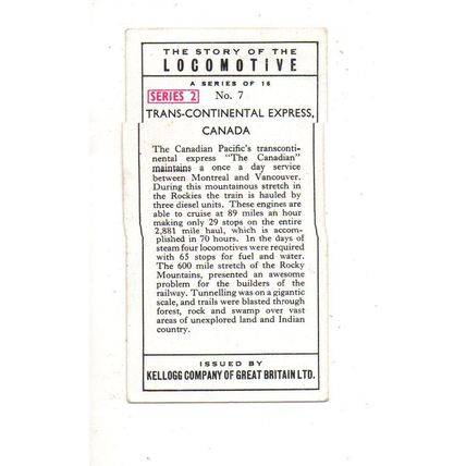 SINGLE KELLOGG TRADE CARD STORY OF THE LOCOMOTIVE 1965 SERIES 2 No.7 CANADA