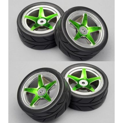 4pc Green Chrome Wheels w/On Road Racing Tires For 1/10 Scale RC Touring Car