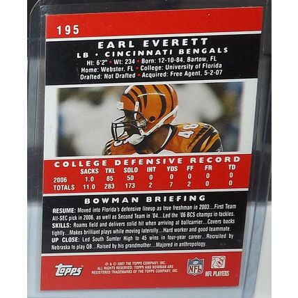 2007 Bowman EARL EVERETT (Bengals) Rookie card #195