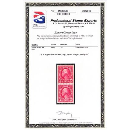 606a, Mint VF NH 2¢ Carmine Lake Color Coil Pair - With PSE Cert .. Stuart Katz