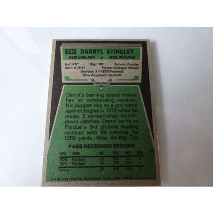 1975 Topps Football Card # 238 Darryl Stingley VG (3) New England Patriots