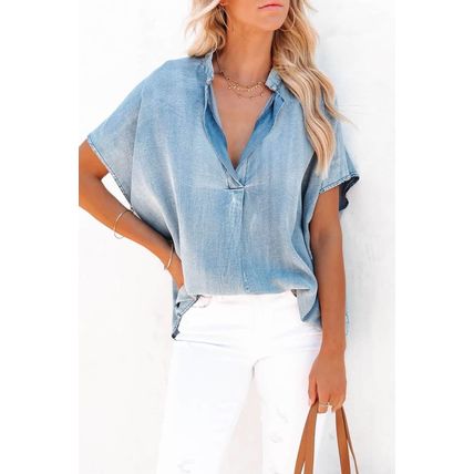 Sky Blue Split V Neck Oversized Denim Blouse