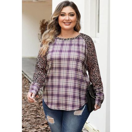 Chestnut Plus Size Leopard Raglan Sleeve Plaid Top