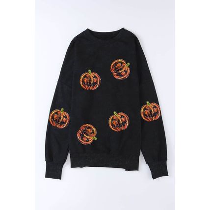 Black Sequined Jack O Lantern Split Hem Baggy Sweatshirt