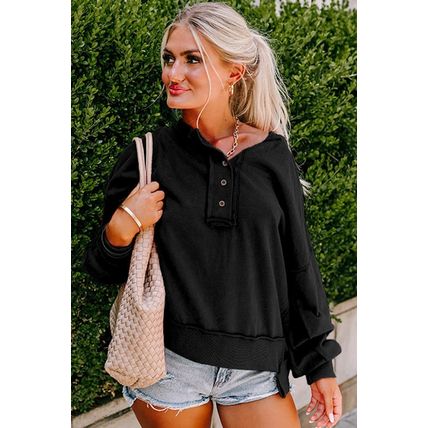 Black Drop Shoulder Henley Buttons Sweatshirt