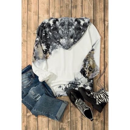 Gray Bleached Tie Dye Kangaroo Pocket Drawstring Hoodie