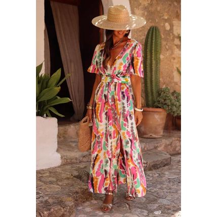 Pink Boho Tie-dye Print V Neck Maxi Dress