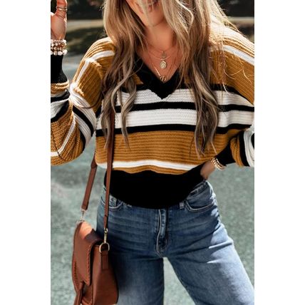 Brown Stripe Contrast Stripes V Neck Textured Knit Sweater