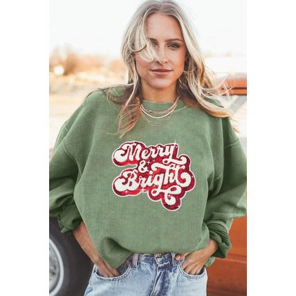 Grass Green Merry & Bright Sequin Ribbed Crew Neck Sweatshirt