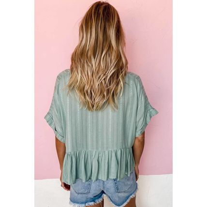 Laurel Green Textured Ruffled Hem Short Sleeve Blouse