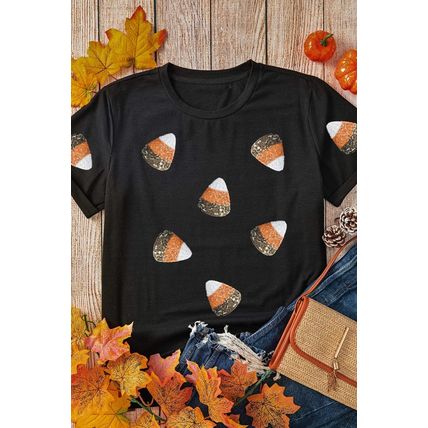 Black Sequin Triangle Patched Pattern Halloween T Shirt