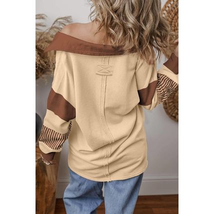 Light French Beige Striped Colorblock Patchwork Collar Sweatshirt