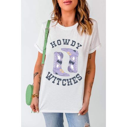 White HOWDY WITCHES Halloween Boots Crewneck T Shirt