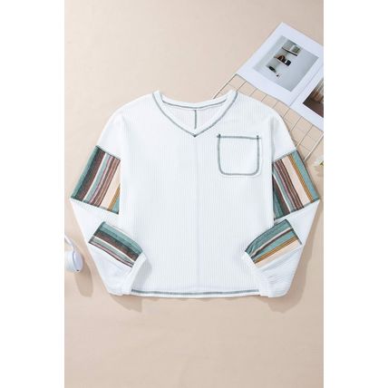 White Striped Patchwork Exposed Seam Waffle Knit Top
