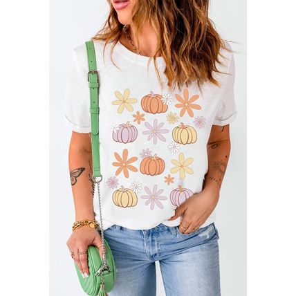 White Floral Pumpkin Graphic Crewneck Halloween T Shirt