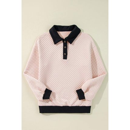 Oatmeal Textured Colorblock Edge Buttoned Collar Sweatshirt