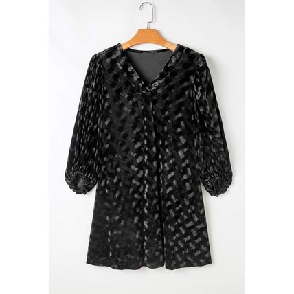 Black Textured V Neck Balloon Sleeve Velvet Mini Dress
