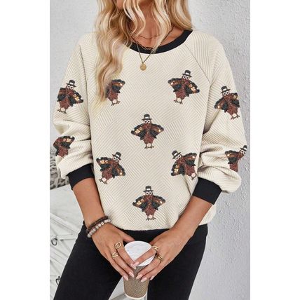 Jet Stream Textured Colorblock Edge Sequin Turkey Graphic Long Sleeve Top