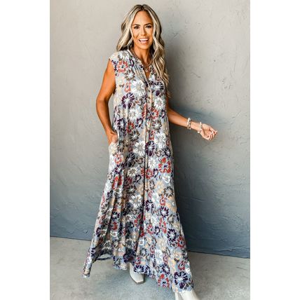 Sky Blue Floral Sleeveless Buttoned Pocketed Wide Leg Jumpsuit