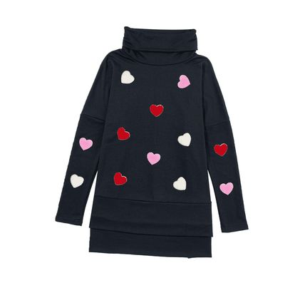 Black Valentines Chenille Heart Patched Dolman Sleeve High Neck Split Top