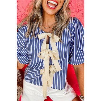Blue Stripe Tied Front Puff Short Sleeve Blouse