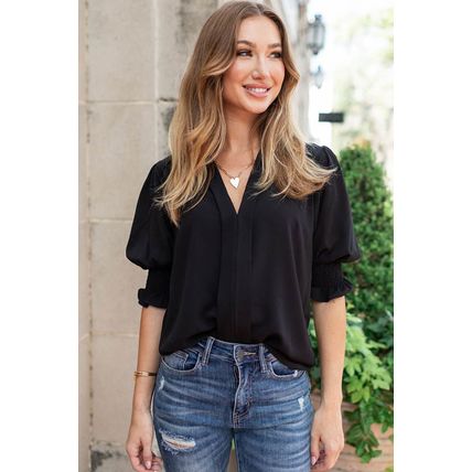 Black Solid Color Half Sleeve V Neck Blouse