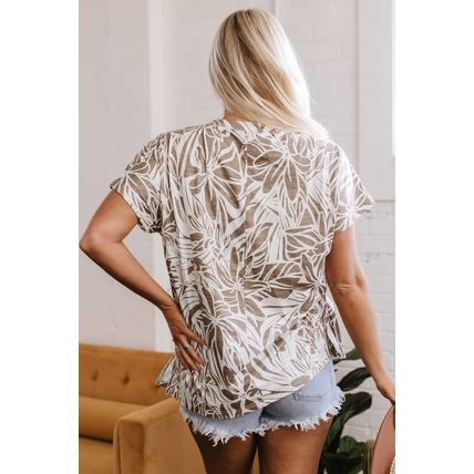 Khaki Floral Print V Neck Short Sleeve Loose Fit Blouse