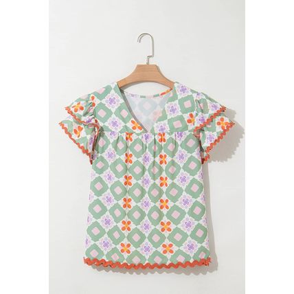 Green Geometric Floral Print Layered Flutter Sleeve V Neck Ric Rac Trim Blouse