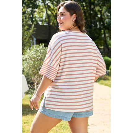 Pink Stripe Waffle Knit Pocketed Half Sleeve Plus Size T Shirt