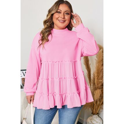 Pink Tiered Ruffle Ribbed Crew Neck Pullover Plus Size Top