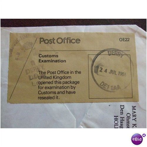 1986 GB Derby PO customs examination label cover