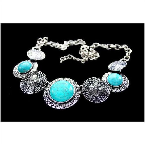 Tibetan Hill Tribe Alloy Large Round Turquoise Pendants Necklace Jewellery 1010