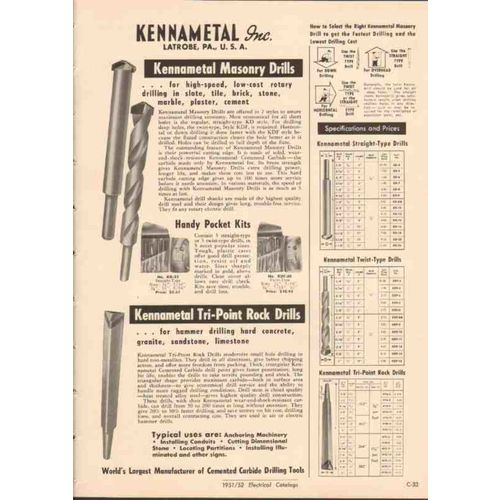 kennametal inc 1952 masonry tri-point rock drills tool vintage catalog